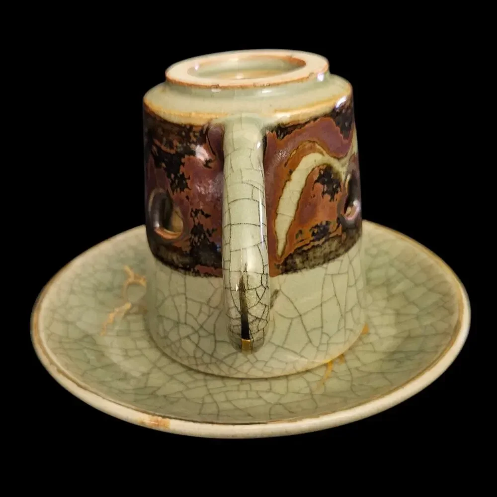 Vintage Japan Crackle Glaze Pierced Heart Pottery Cups Saucers Set of 2